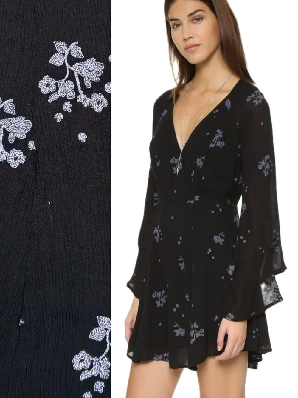 Free People Jasmine Floral Embroidered Dress Size 6 Black Crinkled Whimsigoth